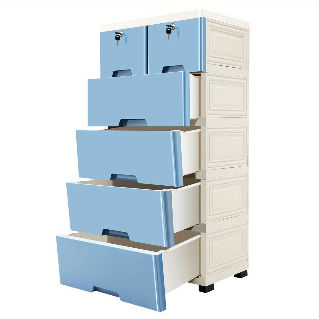 6-Drawer Modular Storage Cabinet – PP Plastic Dresser with Wheels & Locks – White/Blue – 50 x 35 x 102 cm
