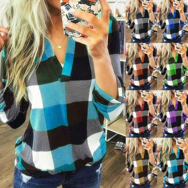 Stylish S-5xl Women's Long Sleeve Plaid T-shirt Blouse With V-neck Design