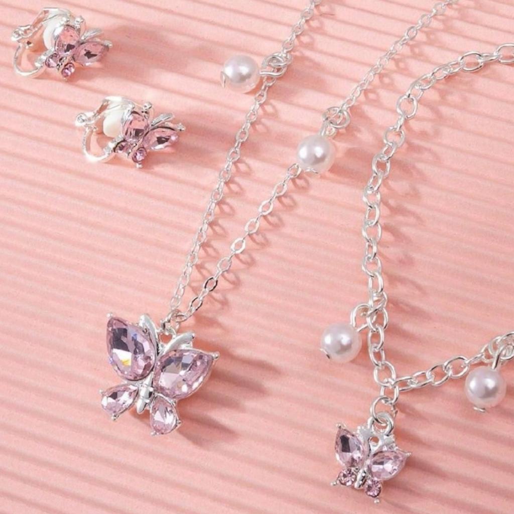 European and American pink purple simple generous butterfly necklace ear clip bracelet 3 pieces girl children's Zircon