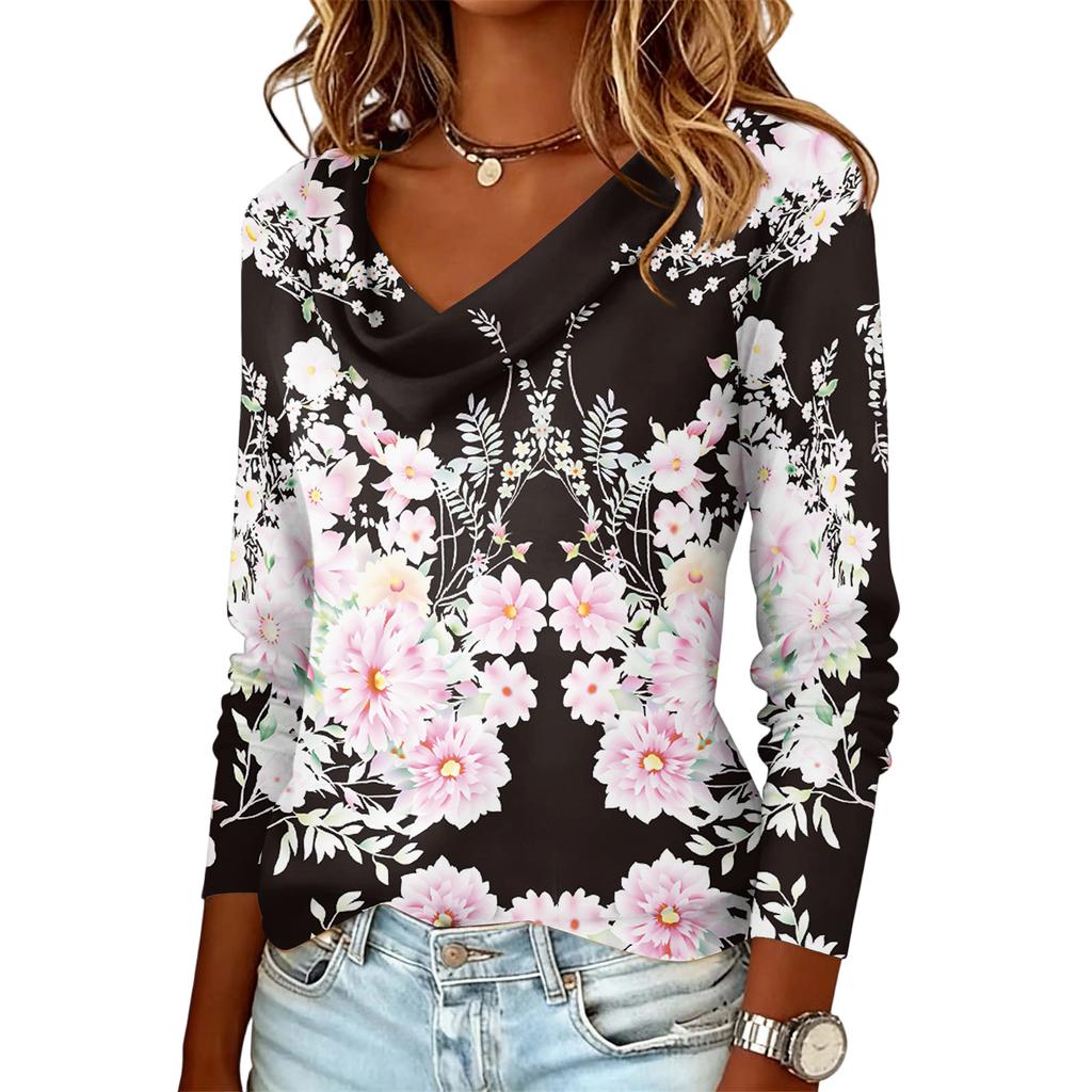 Ladies' Floral Printed Casual And Fashionable Long Sleeved Pullover Top