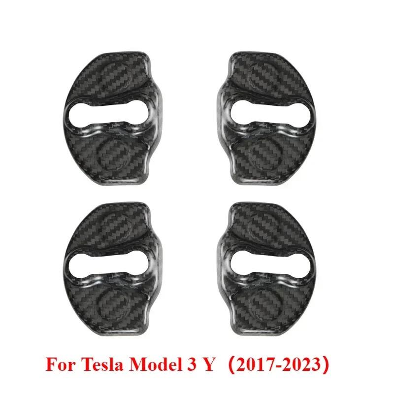 For Tesla Model Y 3 Interior Accessories Real Dry Carbon Fiber 4pcs Door Lock Buckle Protector Cover Latches Door Stopper Covers