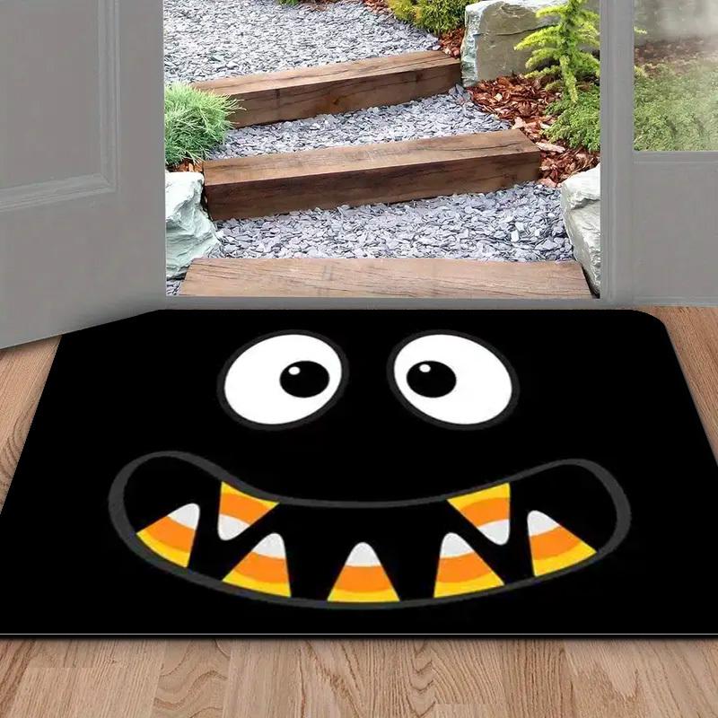 1pc Funny Halloween Doormat – Candy Corn Fangs & Wide-Eyed Cartoon Face, Cute Black Floor Rug for Home Decor