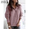 HNXC Women's Fashion Casual Solid Color Print Autumn Winter Long Sleeve Zip Collar Loose Sweaters
