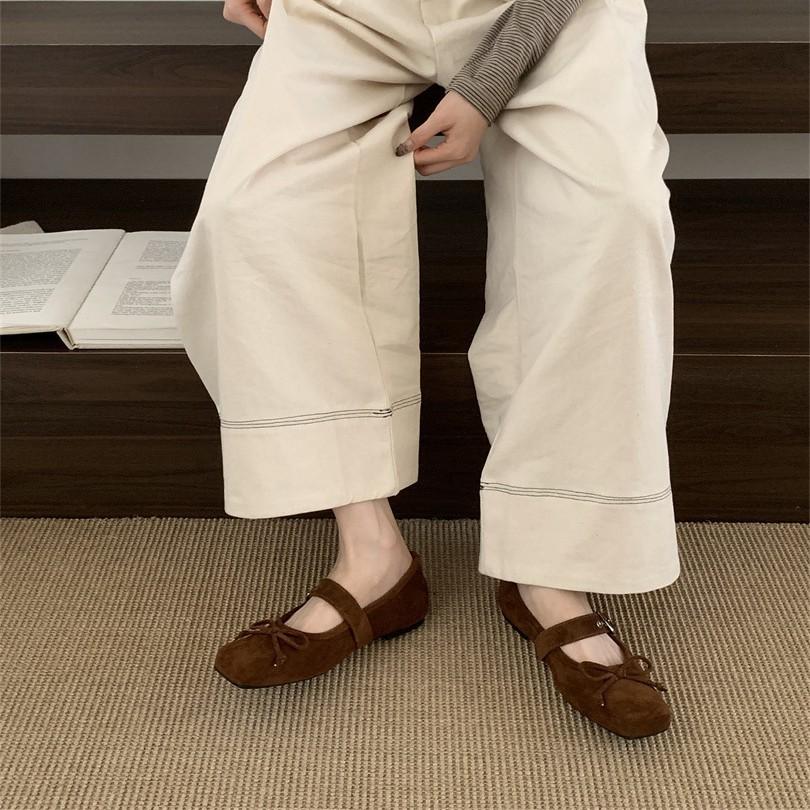 Internet celebrity square head women's shoes autumn new flat bow single shoes ballet silver belt buckle Mary Jane shoes