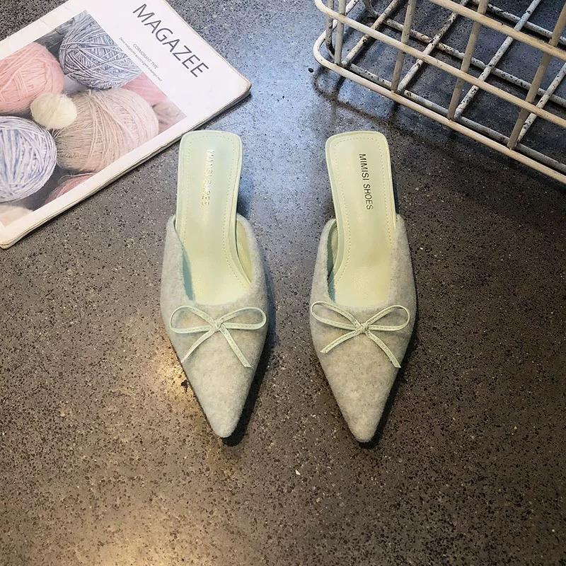 Fashion Aphixta Sweet Butterfly Knot Design Heels Slippers Flannel Upper Pointed Toe Summer Slip On Slides Fashion Green Baby Pink Shoes