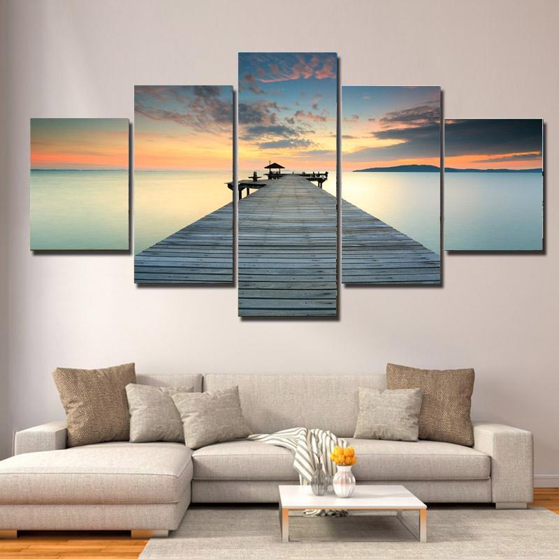 

5 Panels Golden Tree Paintings Sea Bridge Landscape Posters Wall Art Pictures Home Decor for Living Room Canvas Prints NO FRAME 20x35 20x45 20x55cm