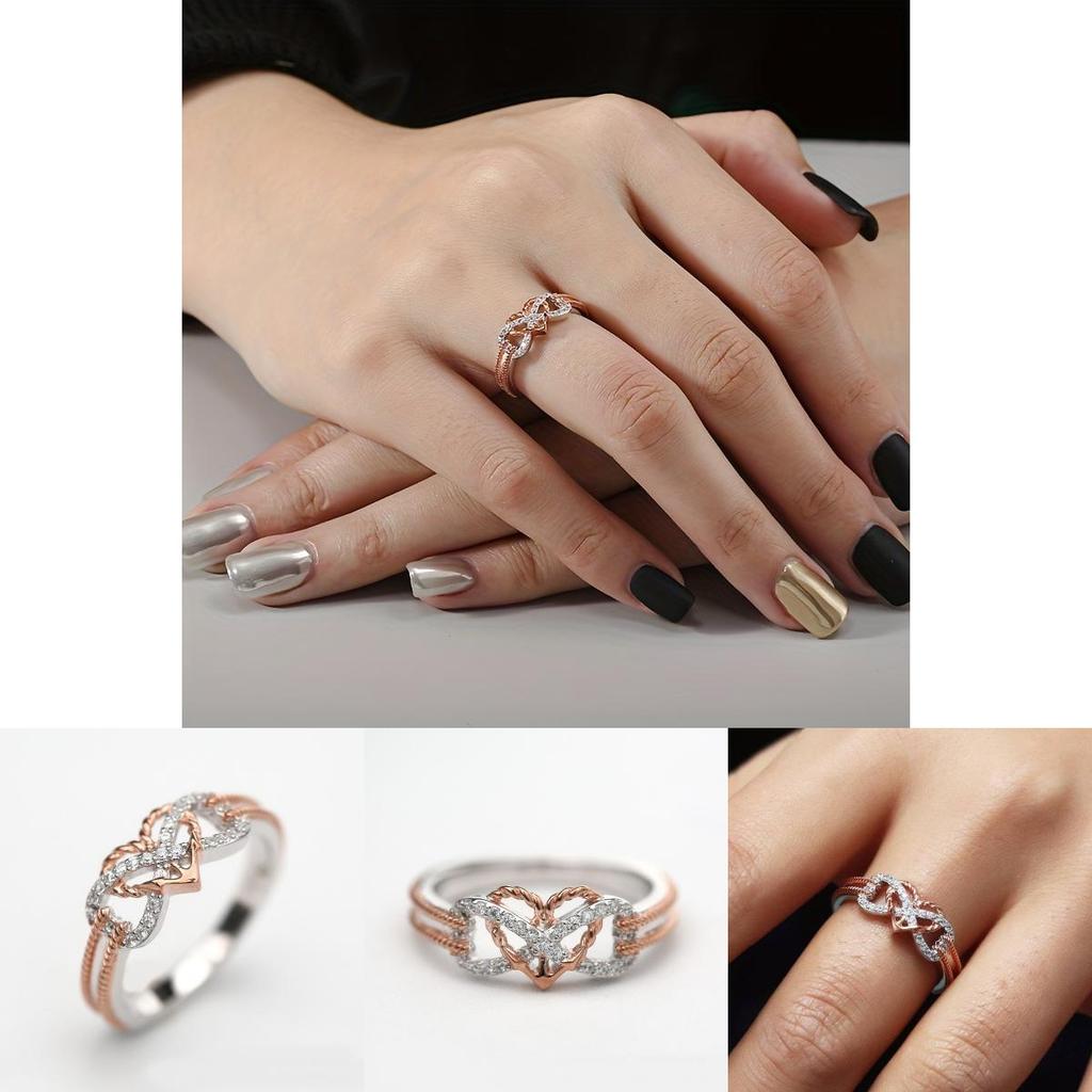 Bague élégante bicolore or rose cœur croix pour jeunes femmes à la mode