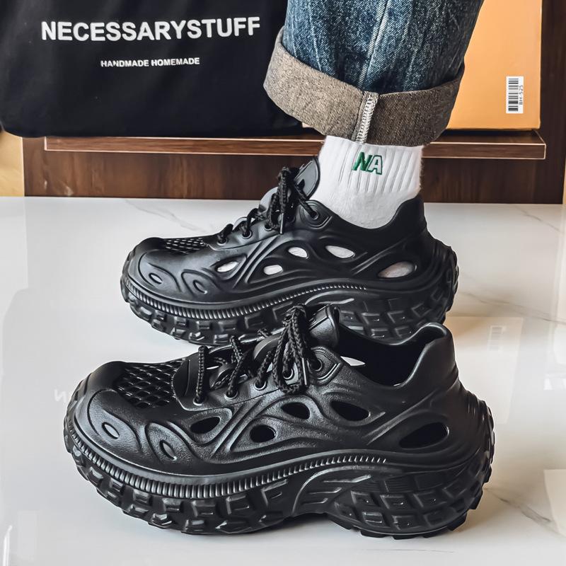 Hole shoes summer men's hollow breathable platform slippers lace-up beach shoes couple outdoor sports sandals men