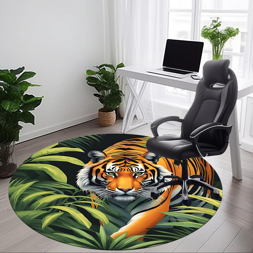 1pc Tiger Jungle Print Chair Carpet for Office, Round Non Slip Durable Large Size Office Carpet, Suitable for Office