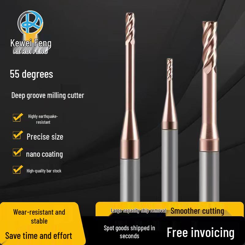 55° 4-Flute Carbide Coated Steel Flat-Bottom Deep-Groove CNC Milling Cutter with Blade Length and Clearance Combo