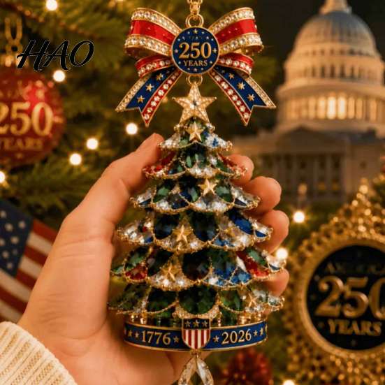 Crystal Diamond Tree Decor 250th Anniversary Christmas Ornament, 2D Acrylic Decor, Gold Edge Charms 1776-2026 Patriotic Commemorative Hanging