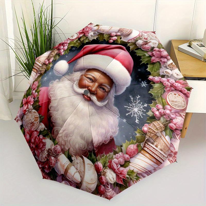 Santa Claus, Christmas wreath Theme 8 Bone Hand Automatic Folding Umbrella, Compact and Portable Design, A Perfect Gift for Birthday, Christ