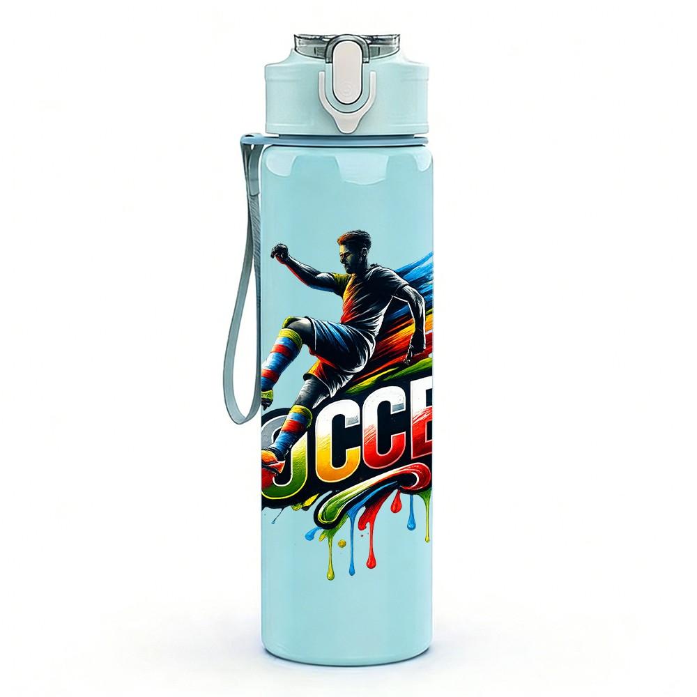 1PC Color Splash Soccer Player Print 750ml Color Plastic Sports Water Bottle Leakproof Flip Straw Lid Suitable for Sports Office Home Use