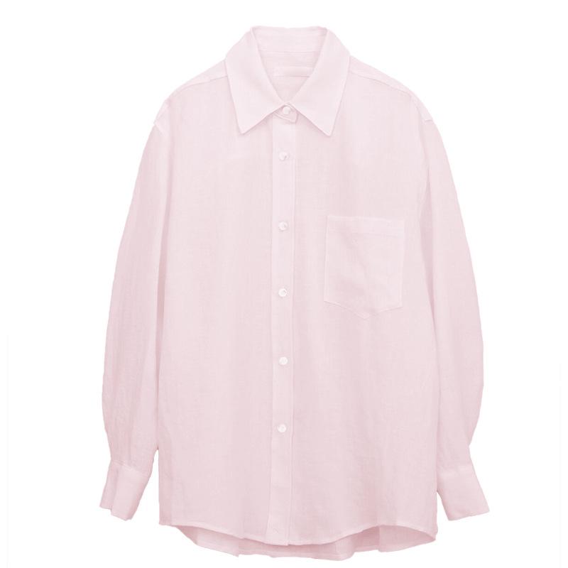 

Жіноча вільна лляна сорочка у французькому стилі: Простий і елегантний жакет з лацканами. XL рожевий