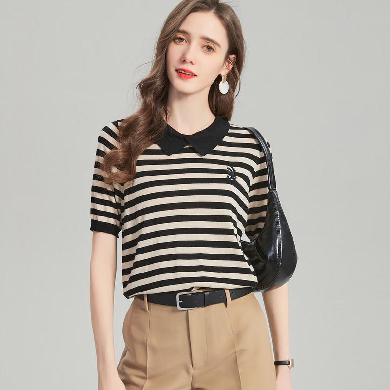 SNOWFORTE Women's Wool-Blend Striped Polo Knit Short-Sleeve Top