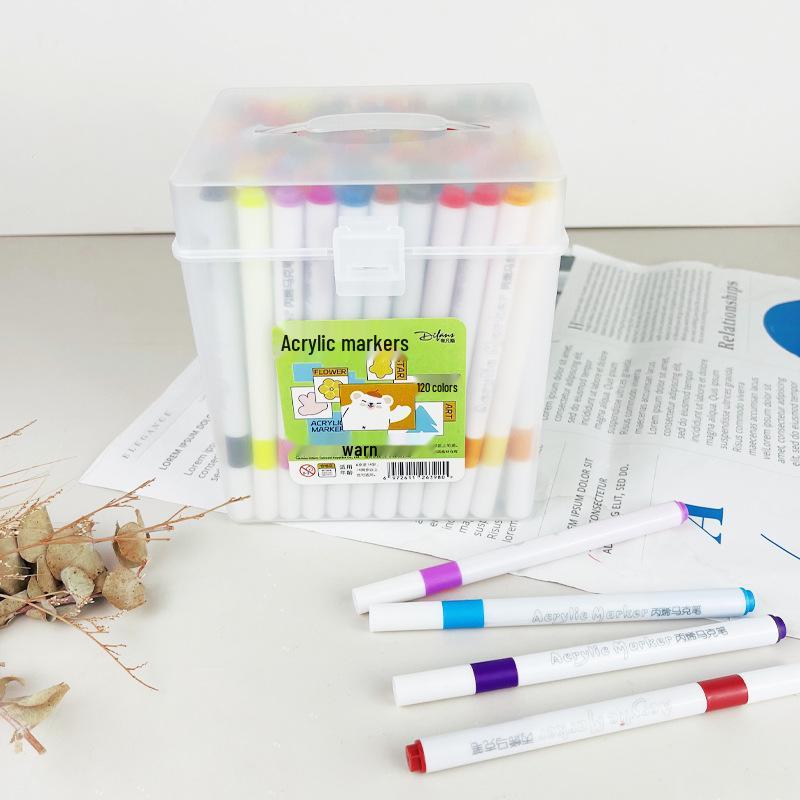 Acrylic Marker Pen Set - 120 Opaque Colors, Watercolor Brush, Washable for Students & Kindergarten Artists
