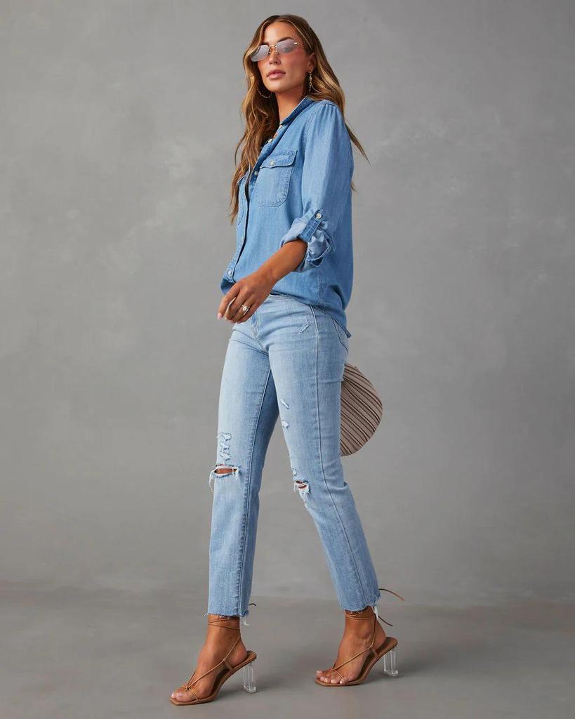 Women's Long-Sleeve Denim Shirt - Casual European & American Style, Autumn, Lapel, Single-Breasted