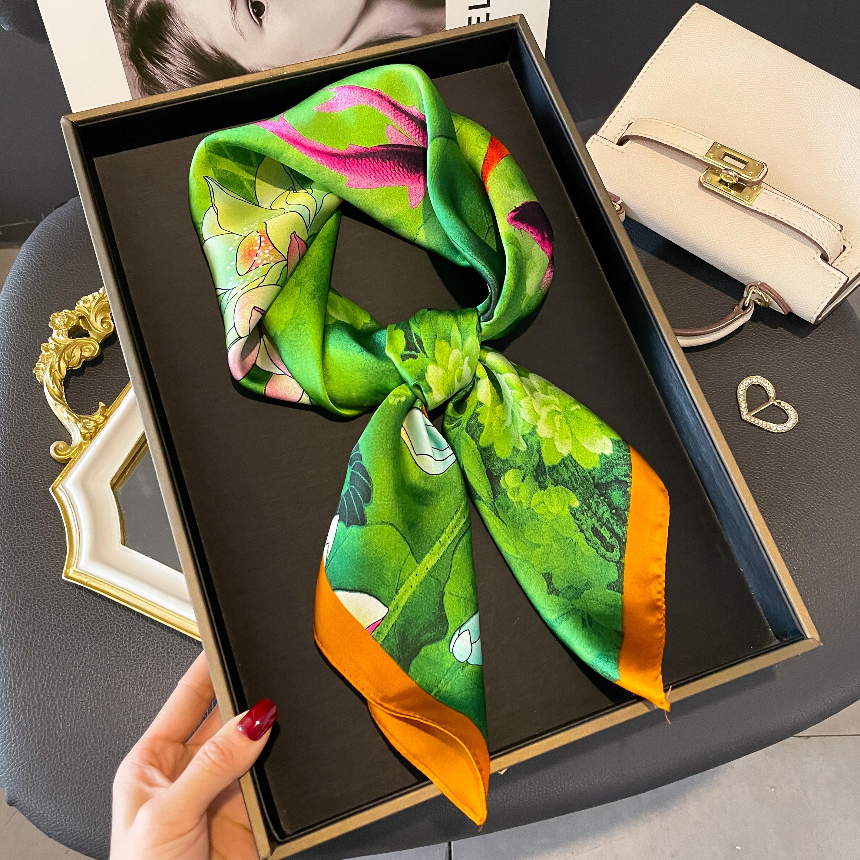Damen Luxus 70*70cm Quadratisches Seidentuch Mode Druck Kleines Halstuch Damen Haarband Foulard Taschentuch Damen Kopftuch Schal green
