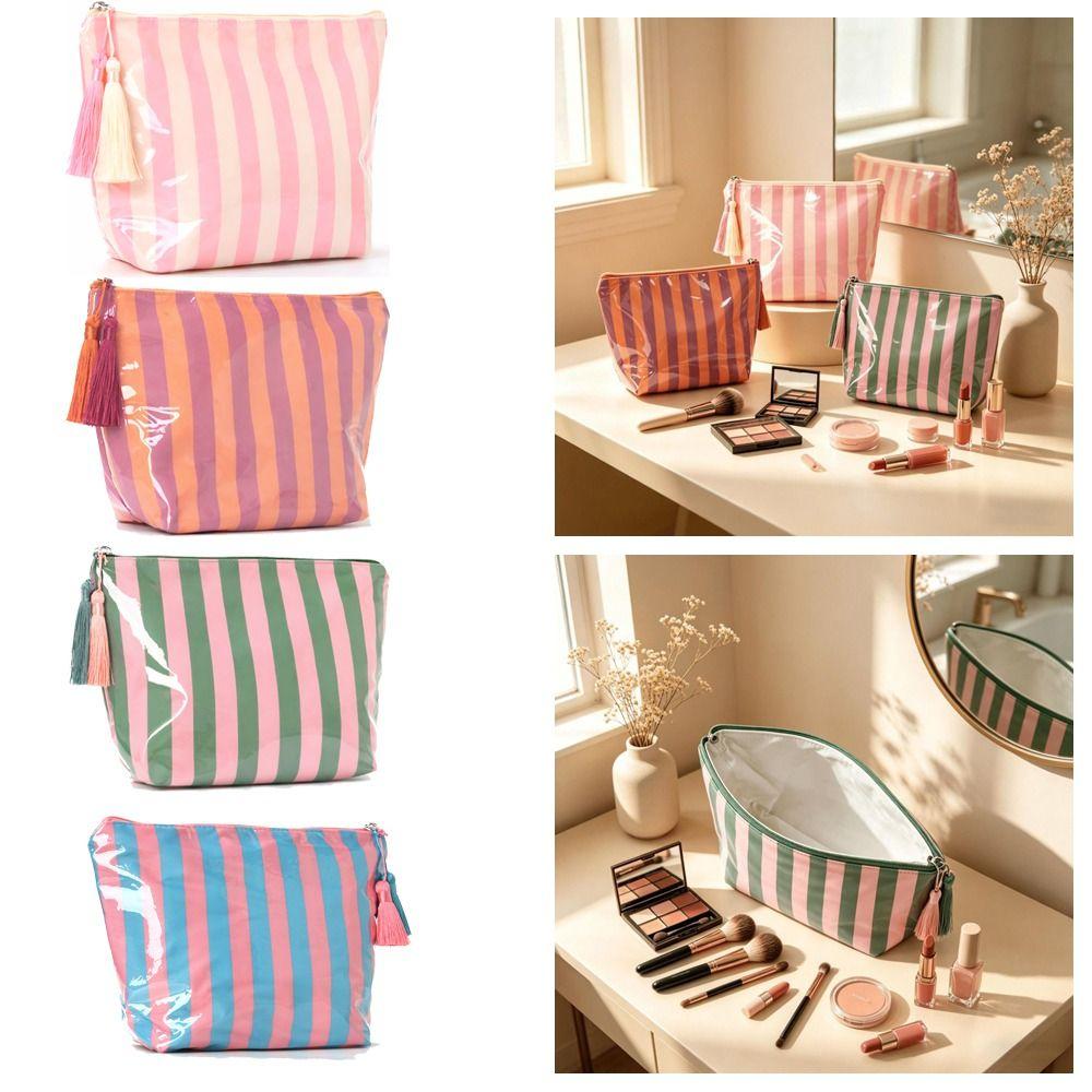 Striped Cosmetic Bag PVC Travel Pouch Reusable Makeup Organizer Bathroom