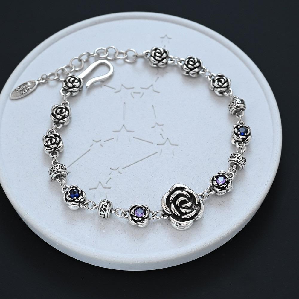 100% Solid 925 Sterling Silver Retro Bracelet for Women Men Vintage Handmade Rose Shape Simple Bracelet Birthday Gift