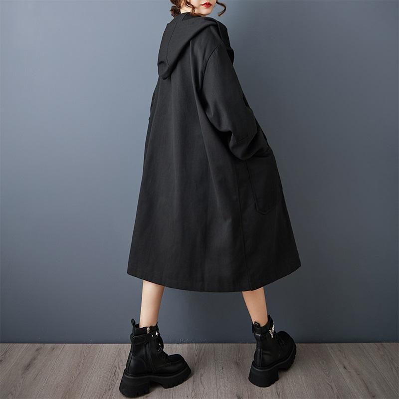 Dámský nadměrný vintage černý trenčkot s kapucí a dlouhým rukávem, ležérní volný podzimní jarní svrchní oděv