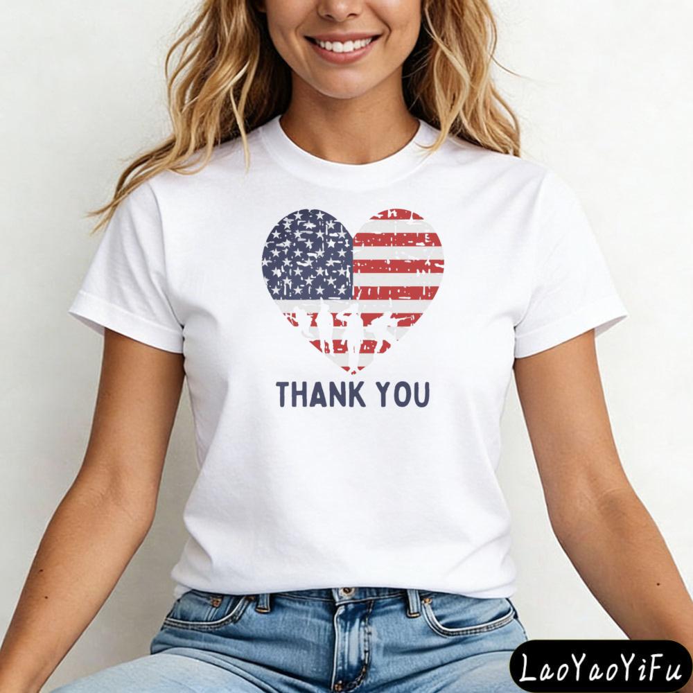 Memorial Day Shirt Thank You Shir Patriotic American Flag Tops Women Shortsleeved Clothes Army Tees Heart Memorial Day Tops