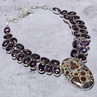 Natural Asteroid Jasper, Amethyst 925 Sterling Silver Gift Necklace 18" V5c67