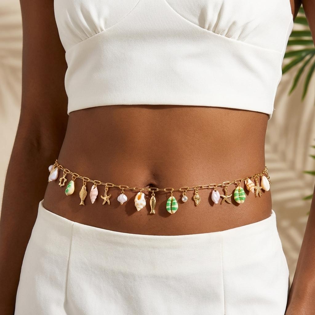 Boho Metal Starfish Shell Waist Chain for Women Girls Summer Beach Sexy Pearl Beaded Belly Chain Bikini Party Vacation Jewelry