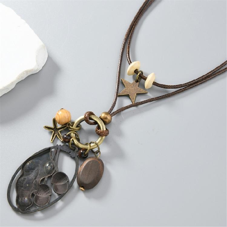 Adjustable Tribal Necklace With Alloy Pendant Waxed Cord Chain And Wood Beads Artistics Jewelry Accessory