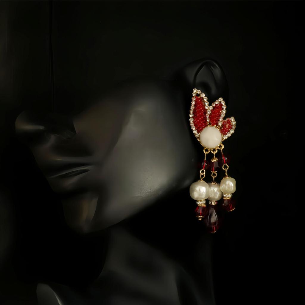 Baroque Pearl Stud Earrings & Red Hand-Woven Necklace Set