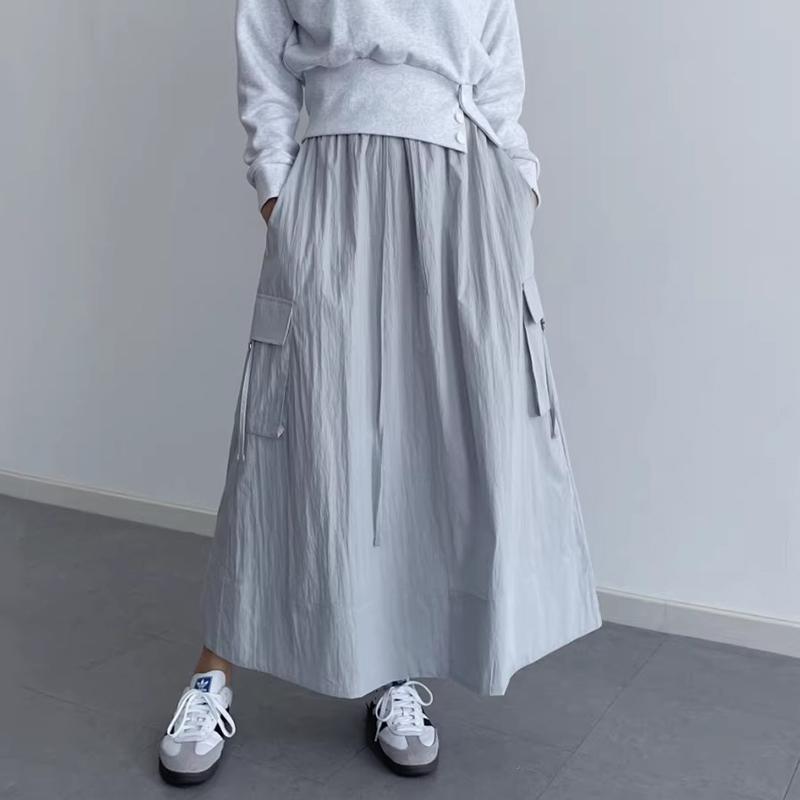 Sør-Korea elegant vårfarget retro allsidig elastisk midje snøring med store lommer design løst avslappet cargoskjørt for kvinner