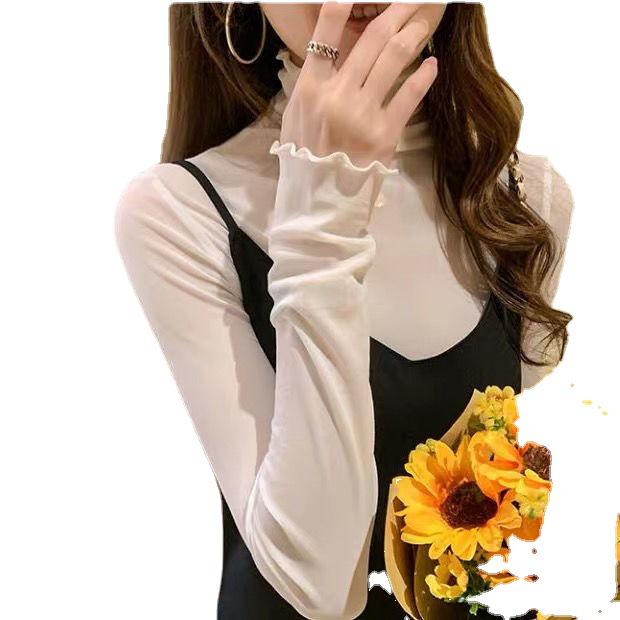Women's Black High-Neck Mesh Base Layer Sweater with Fur Inner and Lace Gauze