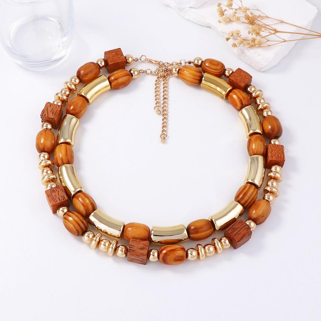 European and American light luxury high-end design sense wooden round beads CCB bamboo staggered splicing multi-layer necklace bracelet women