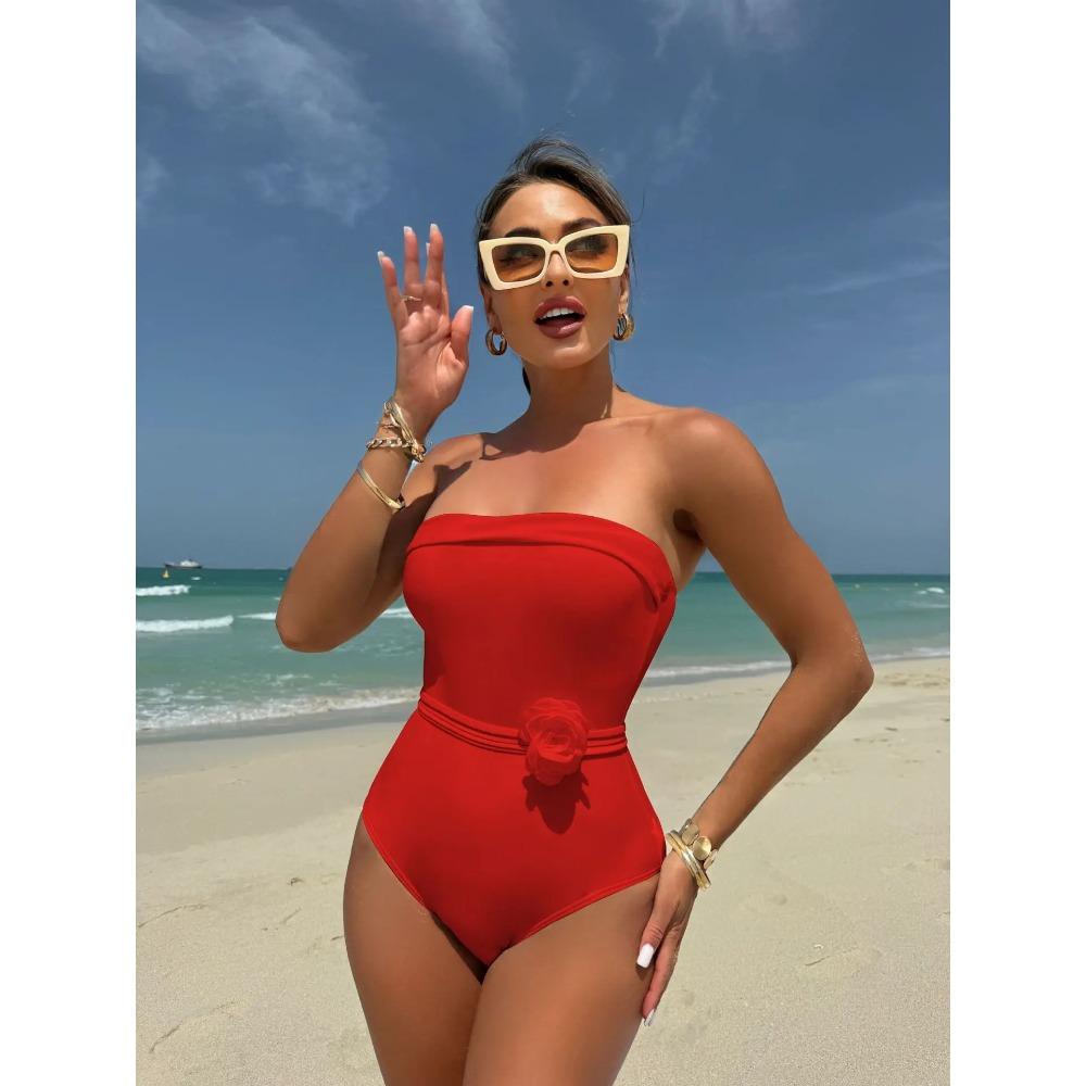 Sexy Bandeau One Piece Swimsuit 2026 Women White Black 3D Flower Rose Bandage Cross Slim Fit Bathing Suit Tummy Control Swimwear