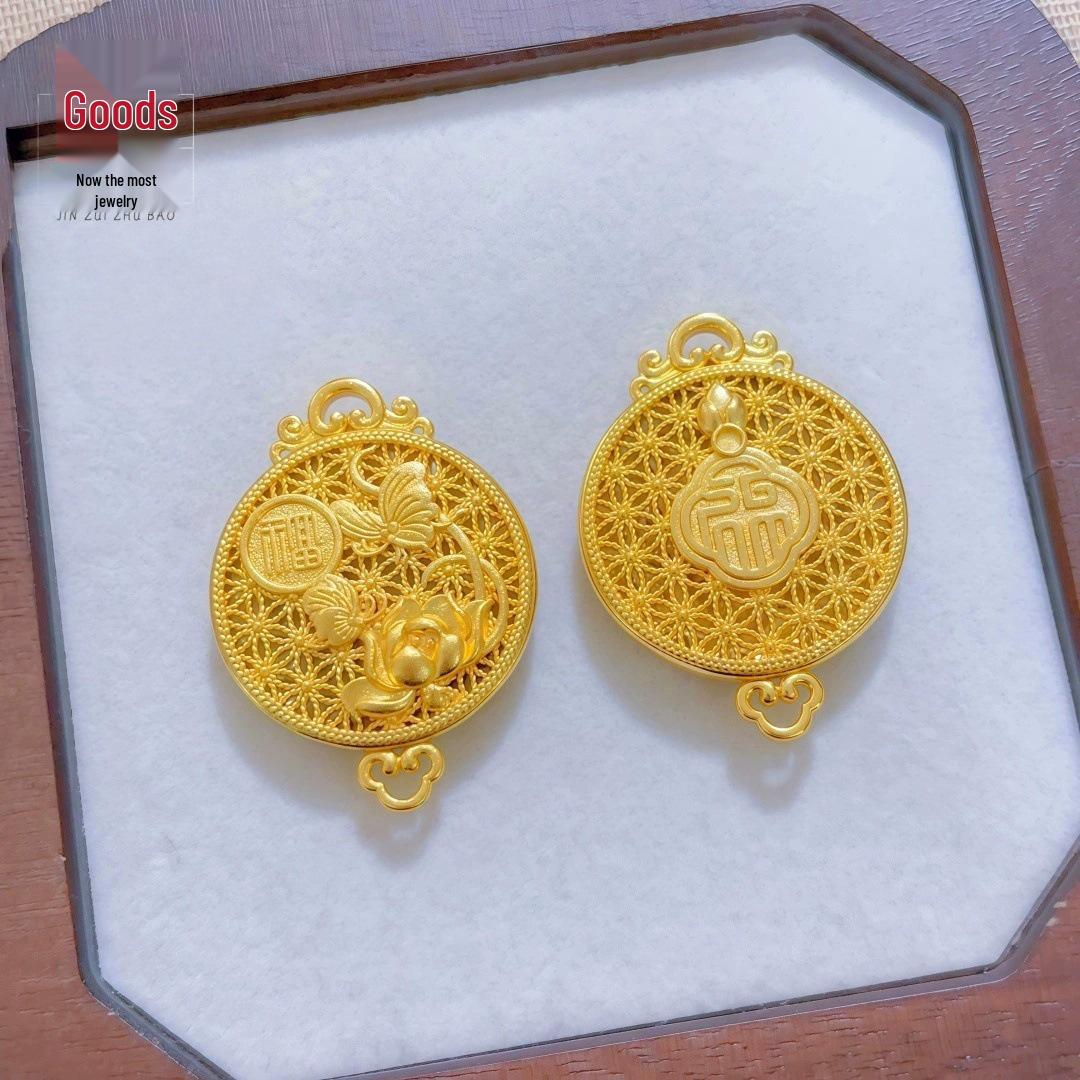 Gold-Plated Brass Pendant Necklace: Fú Character Filigree Butterfly Lotus Design