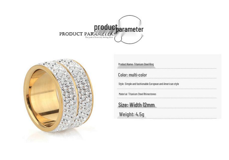 Stylish 12MM Stainless Steel Double Row Rhinestone Ring
