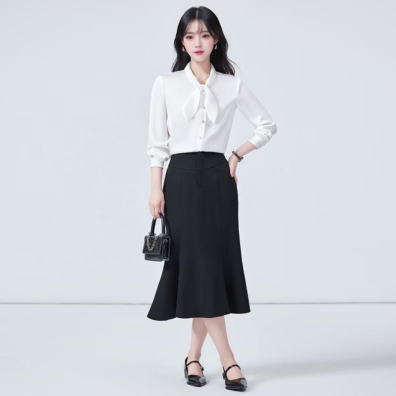 Women's Professional Chiffon Bow Tie Long Sleeve Blouse