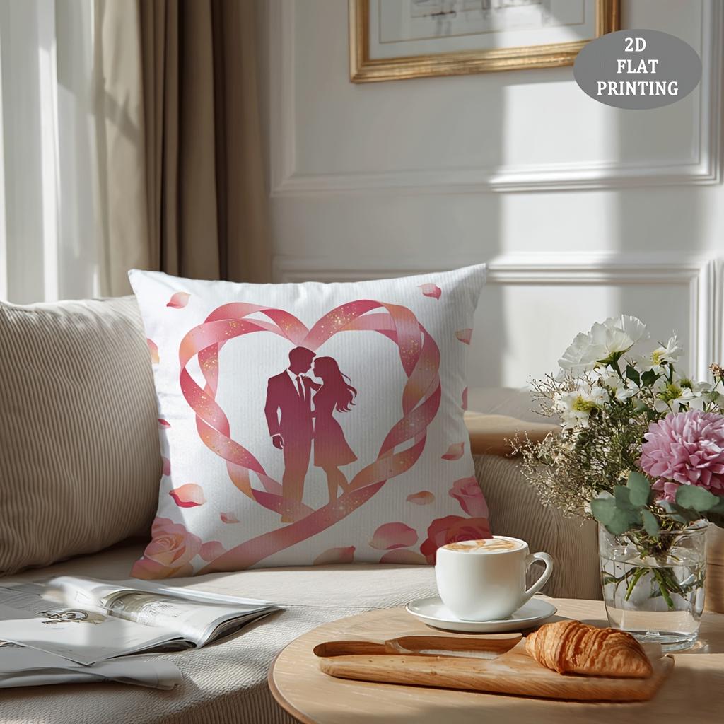 1pc Red Heart-Shaped Petal Pattern Plush Throw Pillow Cover | 2D Flat Printing, Single-Sided, 18x18 inch, Suitable for Sofa and Living Room Decor