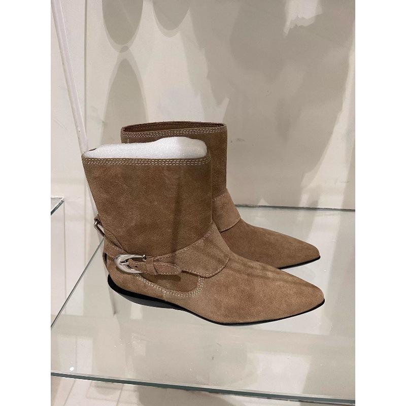 Cowhide Version Korean Version Niche Pointed Short Boots Western Cowboy Boots Women's Thick Heel Belt Buckle Genuine Leather Boots Martin Boots