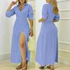 Autumn Ladies Elegant Solid Color Long Sleeve Shirt Button Dress Women