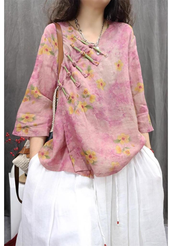 Asymmetrical Linen Frog Button Chinese Style Shirt, Spring/Summer 2026, Slimming Three-Quarter Sleeve Pullover.