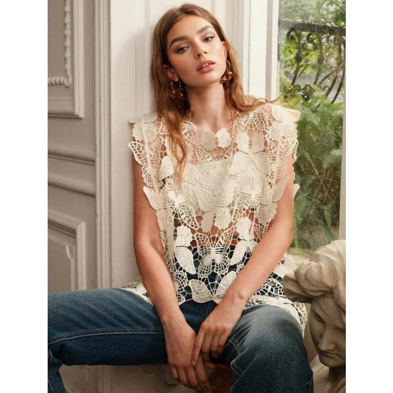 Dimanaf 2024 T-Shirt Women Knitting Lace Vest O-Neck Hollow Summer Style Basic Tops New Tees Loose Pink