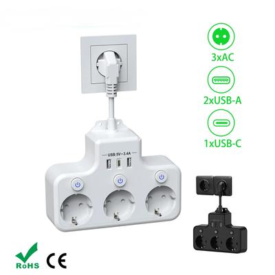 EU-Steckerleiste, 3 AC-Steckdosen, Multifunktionssteckdose, individueller Schalter, mehrere Wandstecker mit 2 USB- und 1 Typ-C-Anschlüssen für Zuhause
