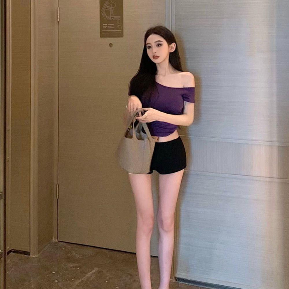 Slim Fit Y2k Crop Top Spicy Girl Style Short Sleeve Solid Tops Sweet Off Shoulder T-shirt  Girl