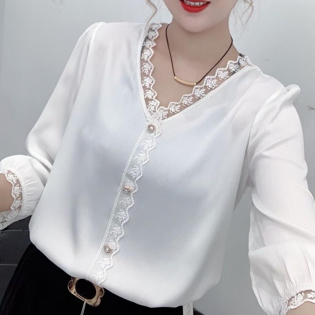 Cămașă cu îmbinare din dantelă dulce pentru femei, primăvară, vară, șic, cu nasturi perle, cu decolteu în V, îmbrăcăminte pentru femei, bluză cu mâneci 3/4, culoare uni