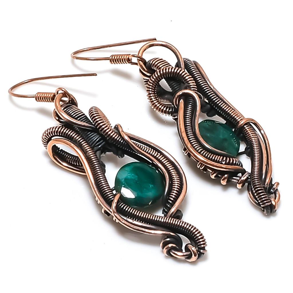 Emerald 999 Copper Wire Wrapped Earrings, Handmade Gemstone Earrings Jewelry, Gifts For Wife Brand New Earrings