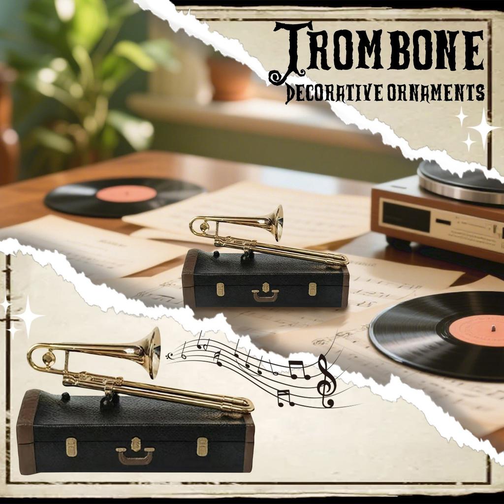 Trombone Model With Case - Brass-Plated Musical Instrument Miniature, Collectible Desk Decor & Gift For Music Lovers (10cm/3.94in)