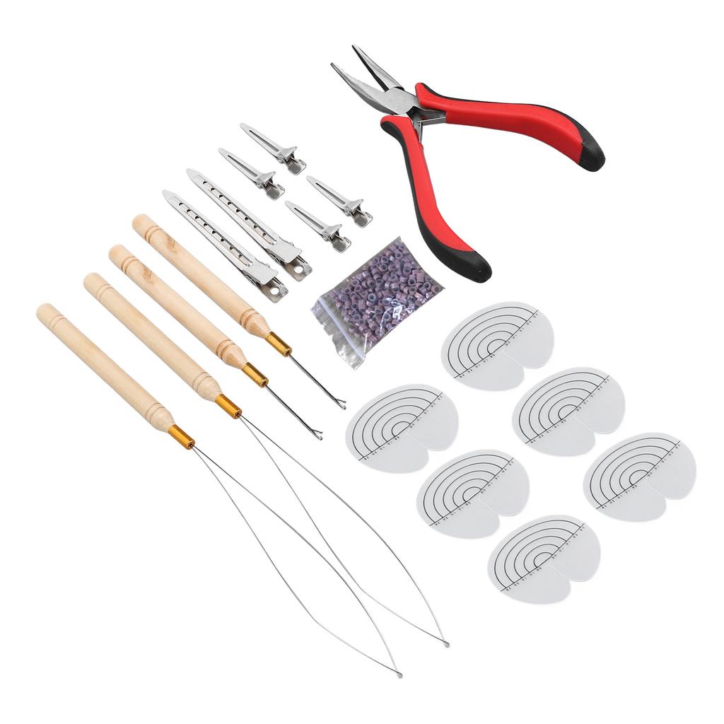 Hair Extensions Tool Kit Silicone Micro Rings Bead Wooden Handled Pulling Hook Needle Transparent Spacer Template