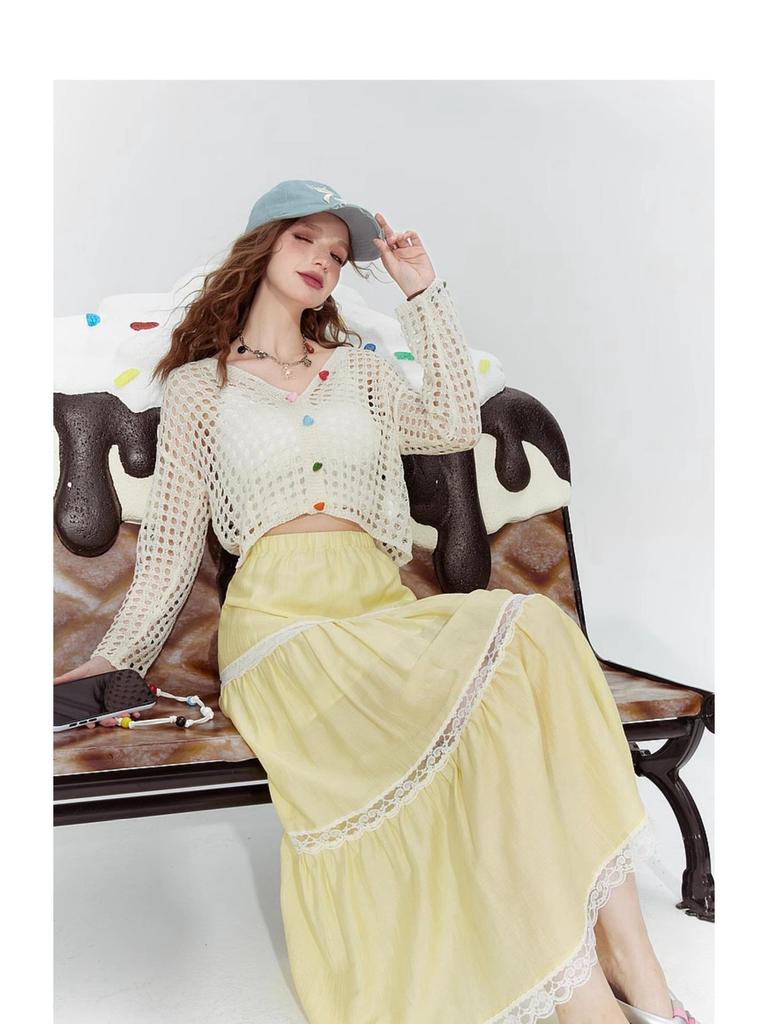 2025 Summer Korean V-Neck Hollow Loose Knit Cardigan for Women