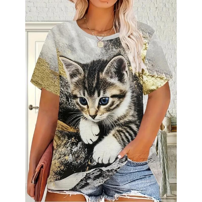 Cute Cartoon Cat Pattern T Shirt For Women Funny Animal 3D Printed Short Sleeves Tees Summer Oversized T-Shirts O-Neck Kids Tops
